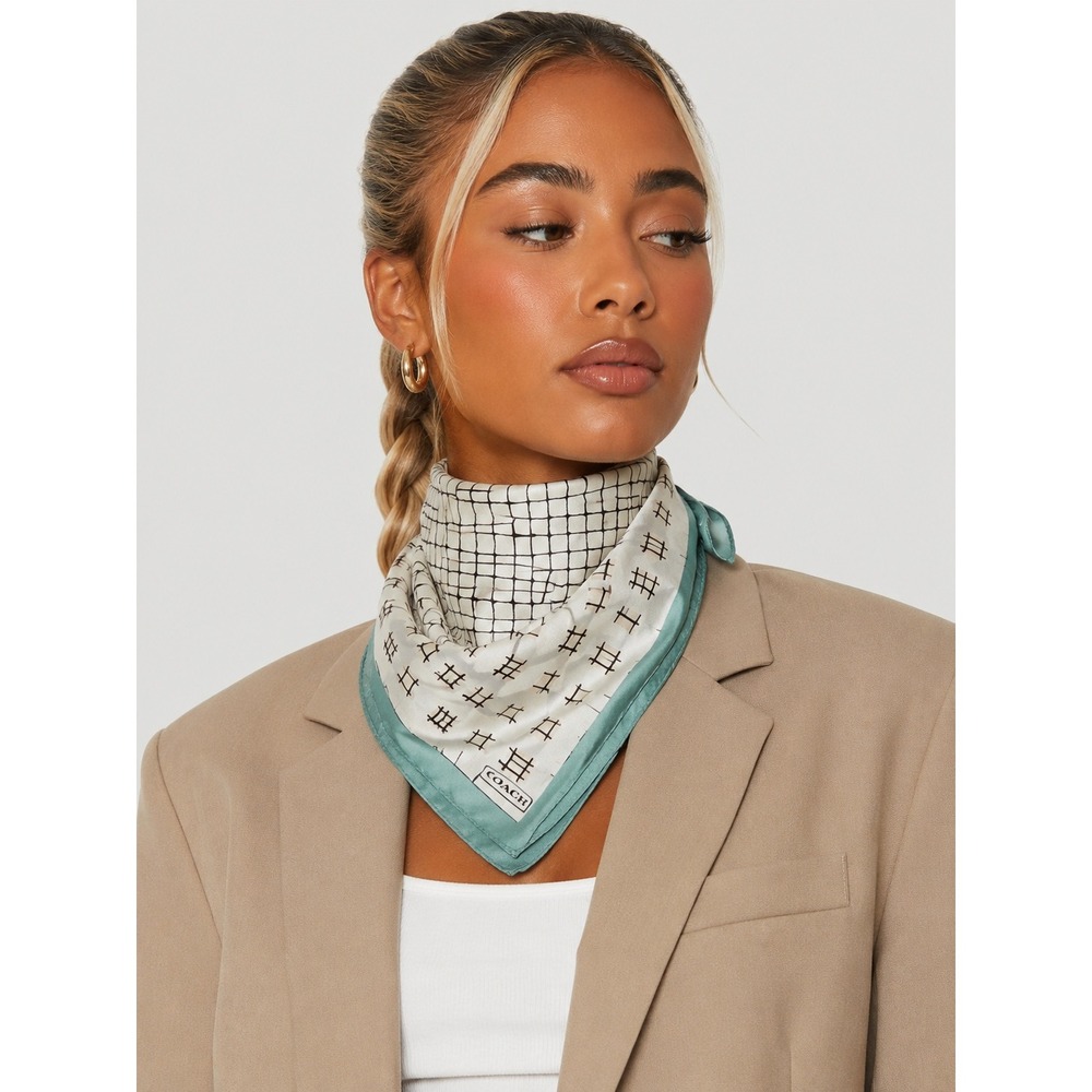 Coach New York 100% Silk Scarf White Teal Geometric Grid Print 24x24 Square